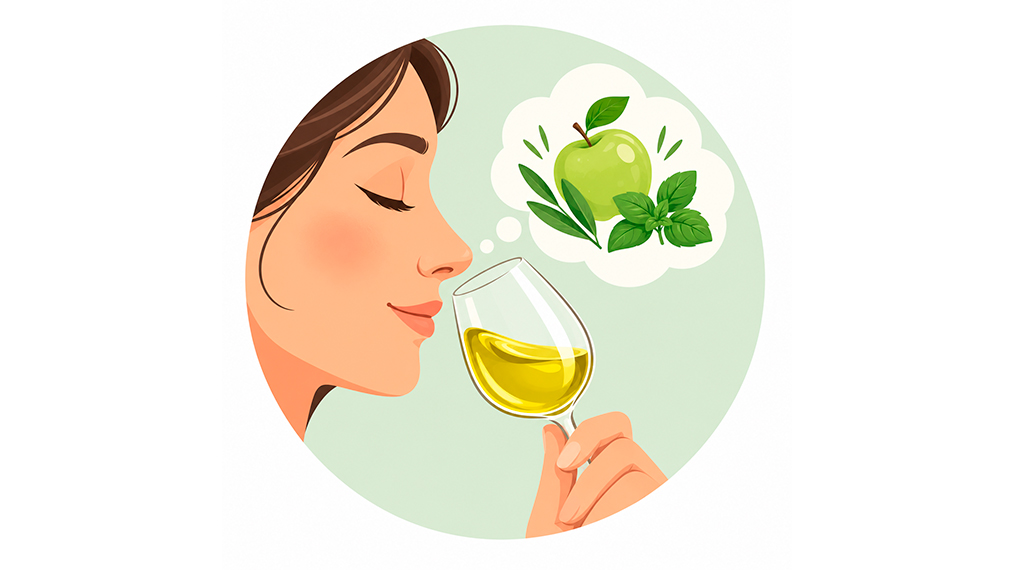 Frau riecht an einem Glas Weißwein und nimmt Aromen von grünem Apfel und Kräutern wahr.